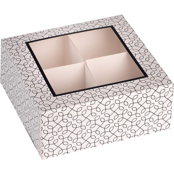 Window Box with Four Sections - 6 Pack - 6x6x2.5 - Black Colored Unique Design Bakery Boxes Perfect for Sharing Snacks and Cookies | 4 Insert Sections Gift Boxes