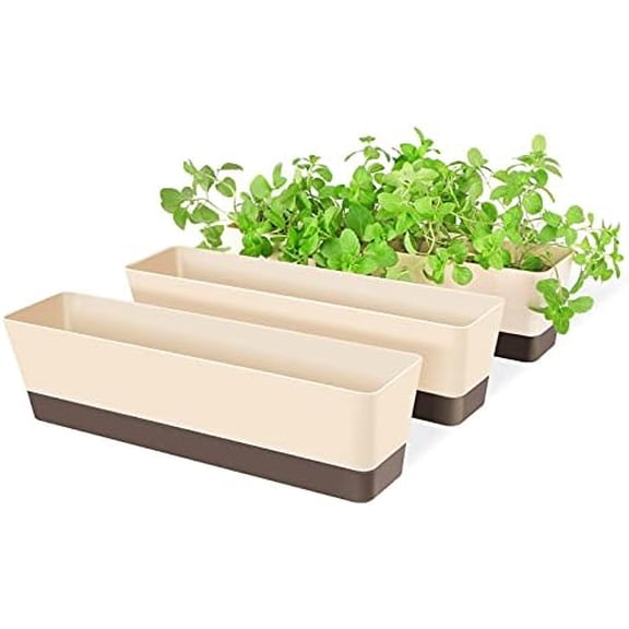 Window Box Herb Planters, 3 Pack 16 x3.8 Inch Indoor Rectangle Succulent Cactus Plant Pots with Saucer, Modern Plastic Flower Container for Windowsill, Garden Balcony, Home Office Outdoor Decor