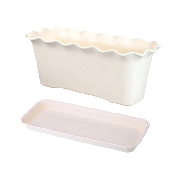 Window Box Medium Size Plastic Rectangular Planter with Wave Edge for Vegetables and Herbs Modern Garden Trough with Drainage Tray for Indoor Outdoor White