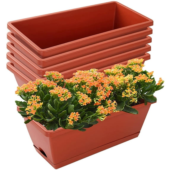 Window Box Planter, 12 Pack Plastic Vegetable Flower Planters Boxes 17 Inches Rectangular Flower Pots with Saucers for Indoor Outdoor Garden, Patio, Home Decor (Brick red)