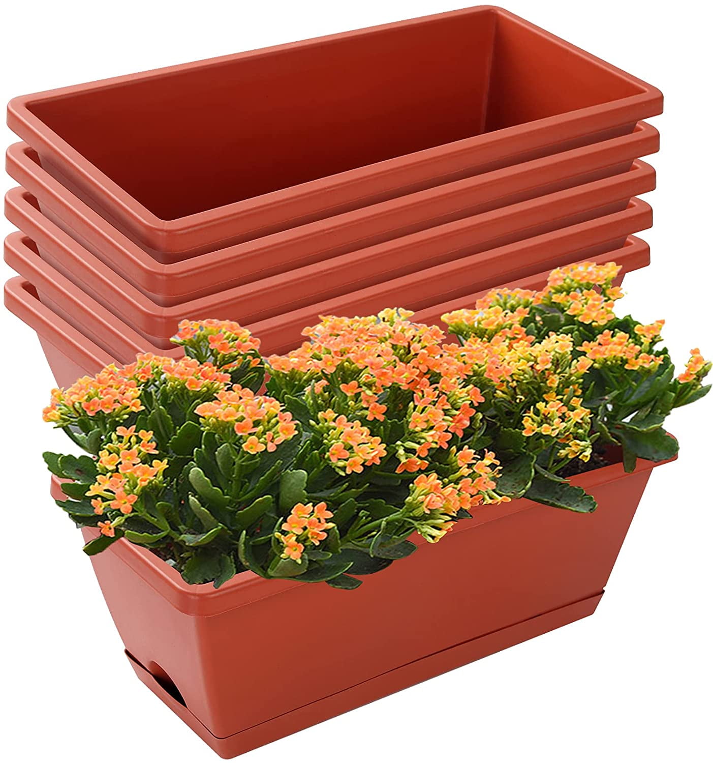 Window Box Planter, 14 Pack Plastic Vegetable Flower Planters Boxes 17 Inches Rectangular Flower Pots with Saucers for Indoor Outdoor Garden, Patio, Home Decor