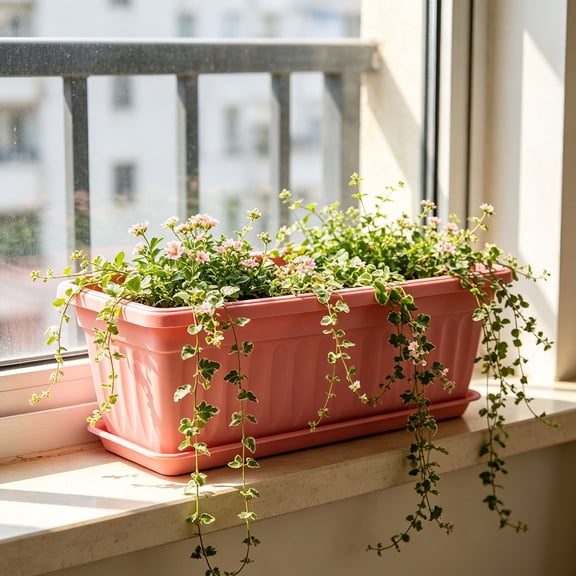 Window Box Planter, 17'' Rectangle Planters for Outdoor Plants, Rectangular Resin Window Trough Planter, Long Plastic Vegetable Flower Planter Box, Window Box Planter for Garden,Pink