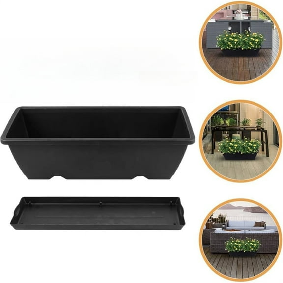 Window Box Planter, 17 inches Rectangle Planters Box with Drainage Holes and Trays,Flower Indoor Outdoor Boxes, Plastic Vegetable Planters for Windowsill Patio Garden Home Decor Porch Yard,Black