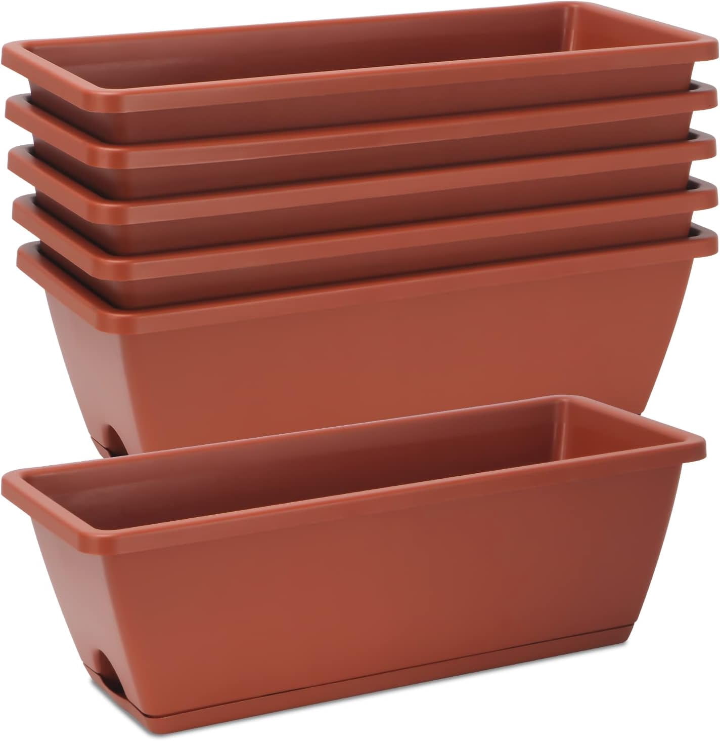 Window Box Planter, 6 Pack 17inch Plastic Vegetable Flower Planter Boxes with Tray, Indoor Outdoor Flower Pots for Windowsill, Patio, Porch, Garden Balcony, Brick Red