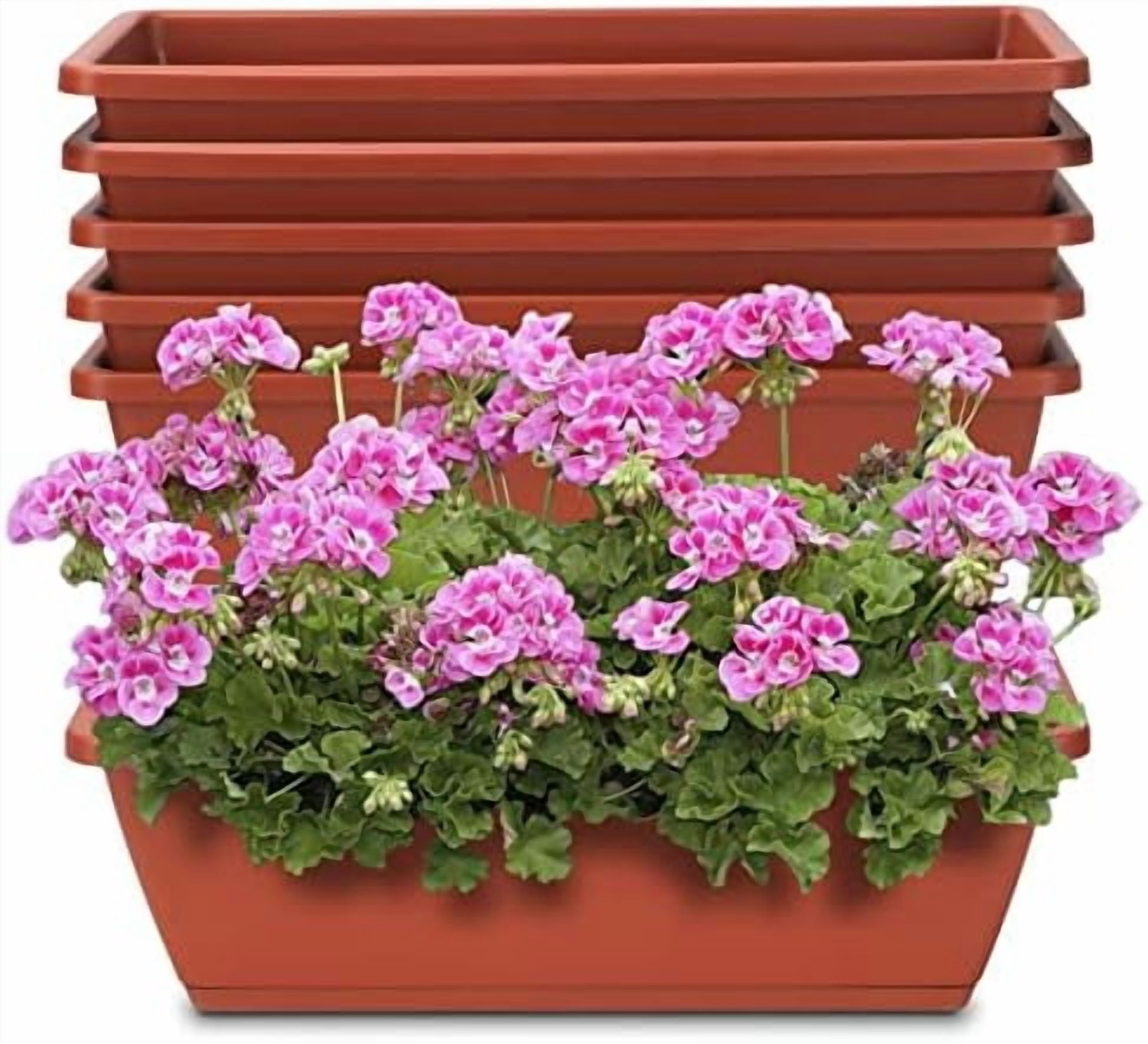 Window Box Planter, 6 Packs 17 Inches Rectangle Planters Box with Drainage Holes and Trays, Vegetable Planters for Windowsill Patio Garden Home Decor Porch Yard Red