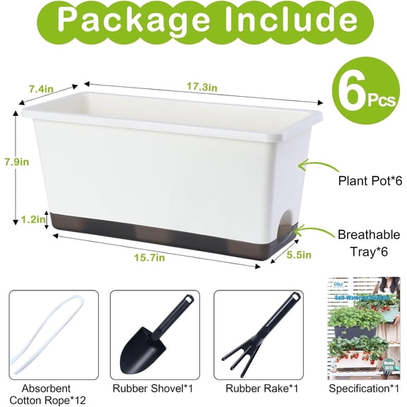 Window Box Planter 6 Pcs, Self Watering Planters with Drainage Holes for Windowsill, Balcony, Garden, and Indoor Use (17*7.4*7.8 inch, Gray)