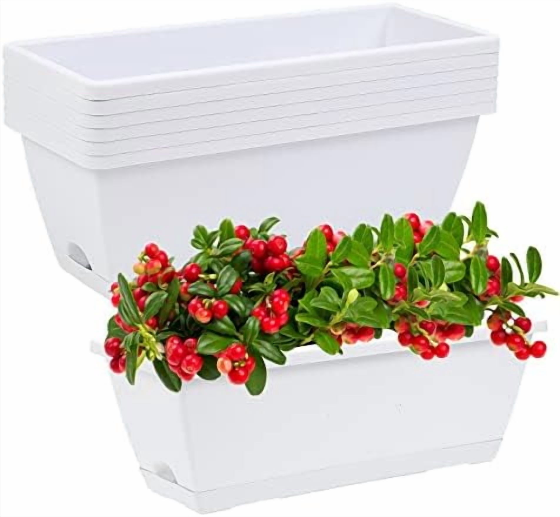 Window Box Planter, 7 Pack Plastic Vegetable Flower Planters Boxes 17 Inches Rectangular Flower Pots with Saucers for Indoor Outdoor Garden, Patio, Home Decor (White)