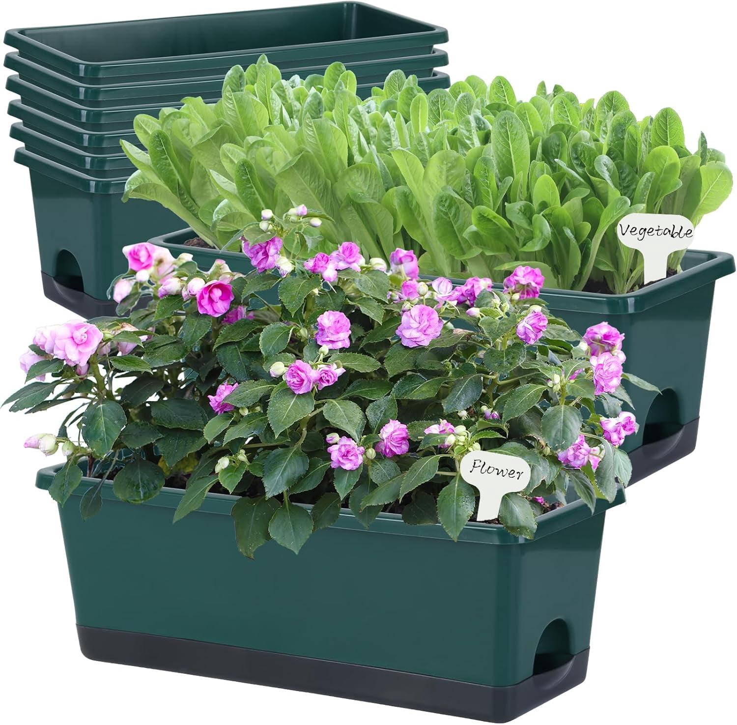 Window Box Planter 8 Pcs, 17 Inches Rectangle Flower Pots with Drainage Holes & Trays, Vegetable Planters for Windowsill Patio Garden Balcony Home Indoor Outdoor (Dark Green, 16 * 7 * 6 inch)