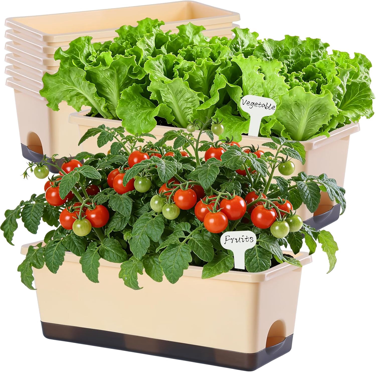 Window Box Planter 8 Pcs, 17 Inches Rectangle Flower Pots with Drainage Holes & Trays, Vegetable Planters for Windowsill Patio Garden Balcony Home Indoor Outdoor (Barley Yellow, 16 * 7 * 6 inch)