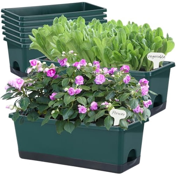 Window Box Planter 8 Pcs, 17 Inches Rectangle Flower Pots with Drainage Holes & Trays, Vegetable Planters for Windowsill Patio Garden Balcony Home Indoor Outdoor (Dark Green, 16 * 7 * 6 inch)