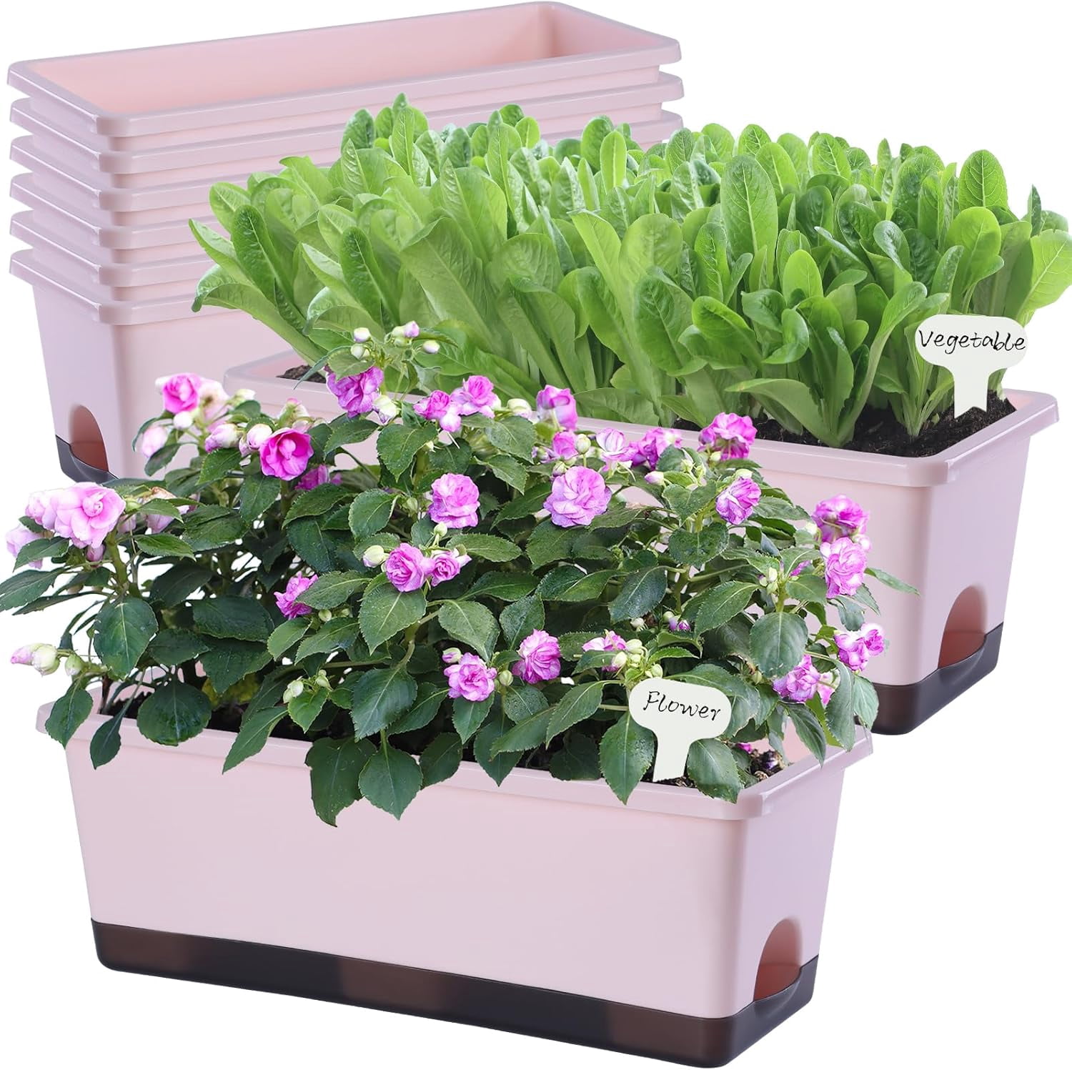 Window Box Planter 8 Pcs, 17 Inches Rectangle Flower Pots with Drainage Holes & Trays, Vegetable Planters for Windowsill Patio Garden Balcony Home Indoor Outdoor (Pink, 16 * 7 * 6 inch)