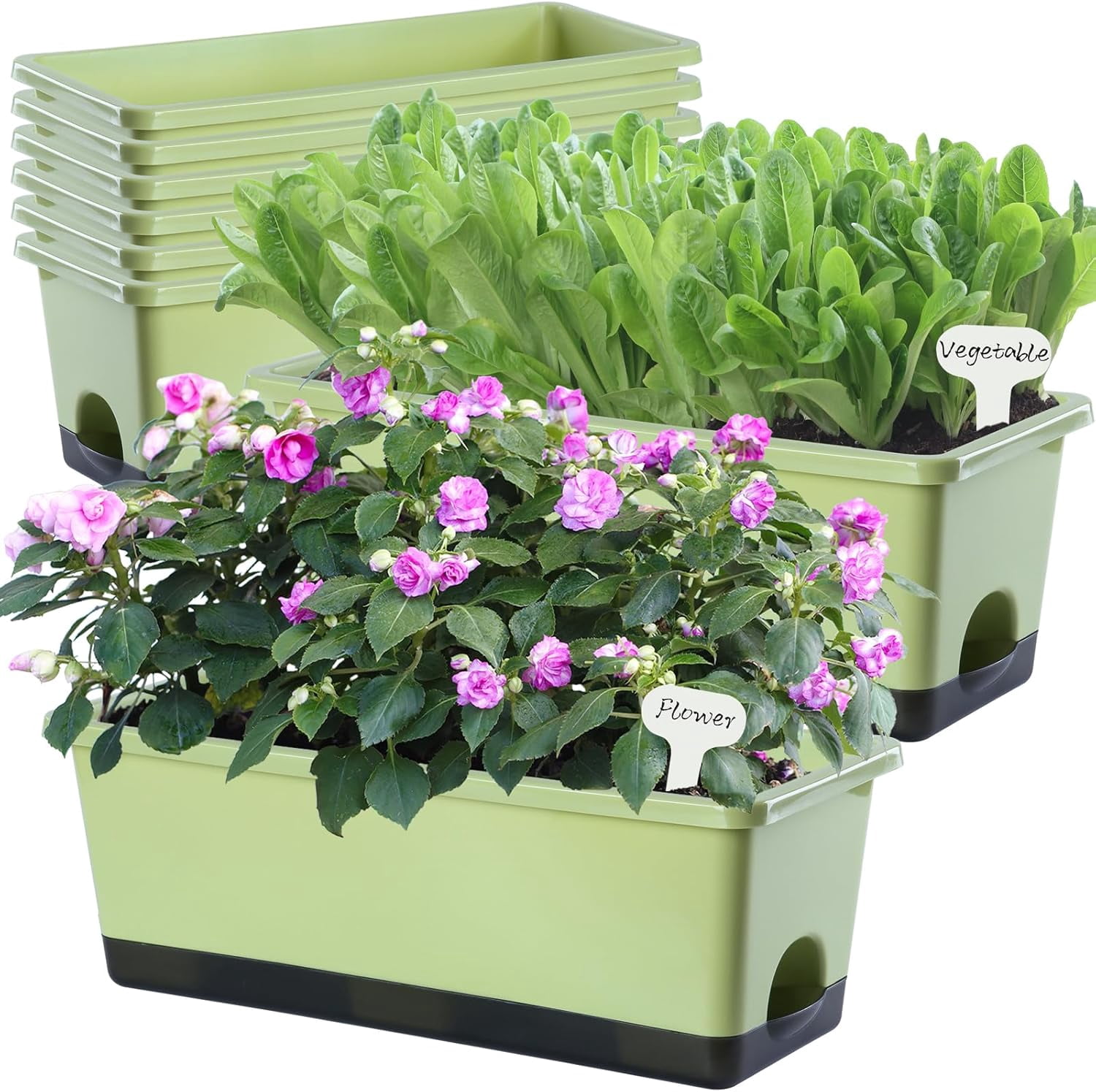 Window Box Planter 8 Pcs, 17 Inches Rectangle Flower Pots with Drainage Holes & Trays, Vegetable Planters for Windowsill Patio Garden Balcony Home Indoor Outdoor (Light Green, 16 * 7 * 6 inch)