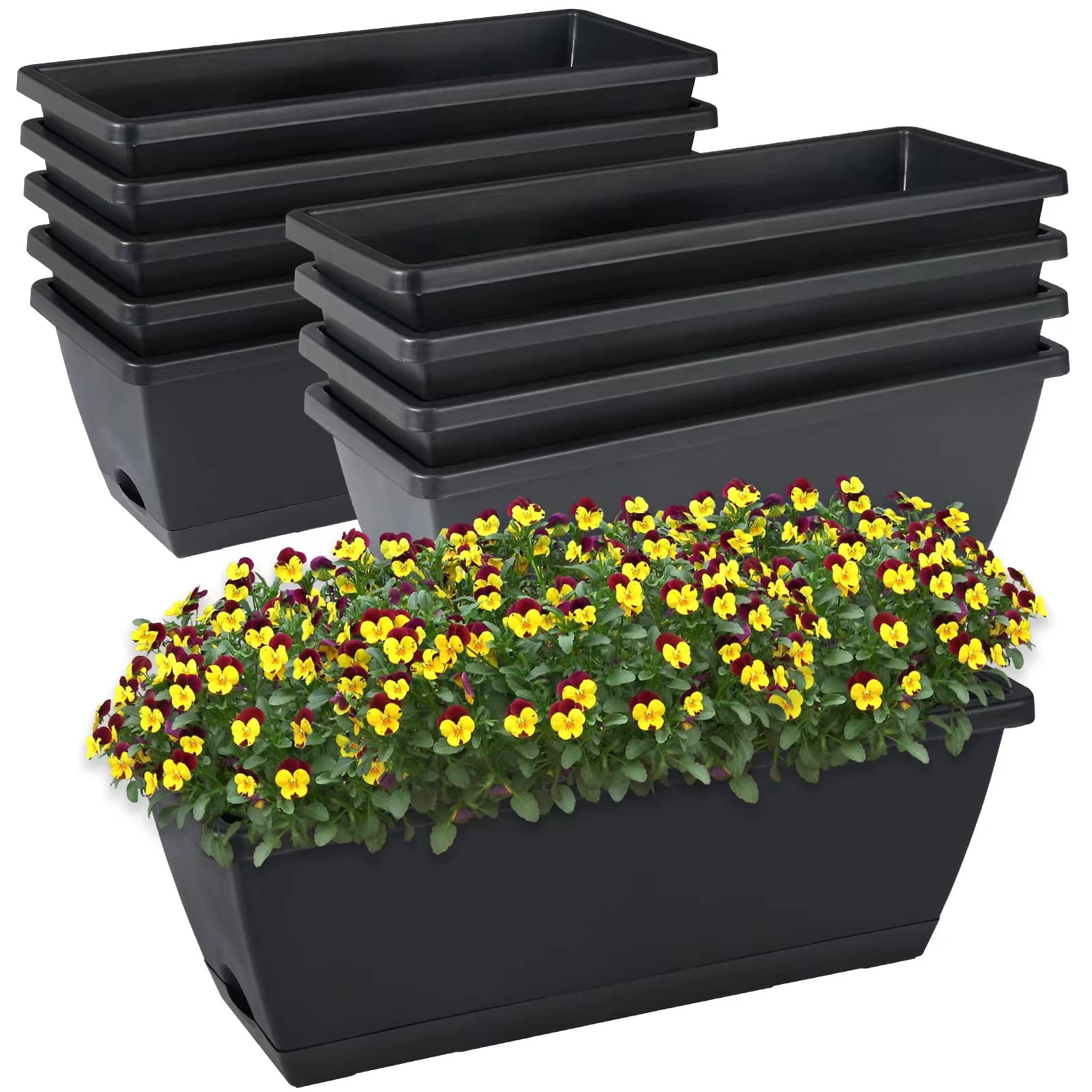 Window Box Planter Black L 16.6 x W 7 x H 5.9 inches Rectangular Plastic Pot with Saucer for Indoor Outdoor Garden