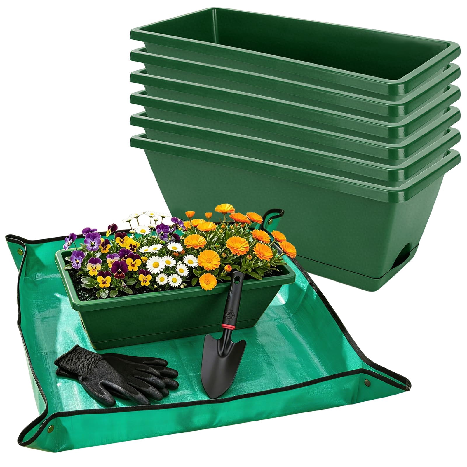 Window Box Planters Deep Green 7 Pack 17 Inch Plastic Rectangular Flower Pots for Indoor/Outdoor Plants