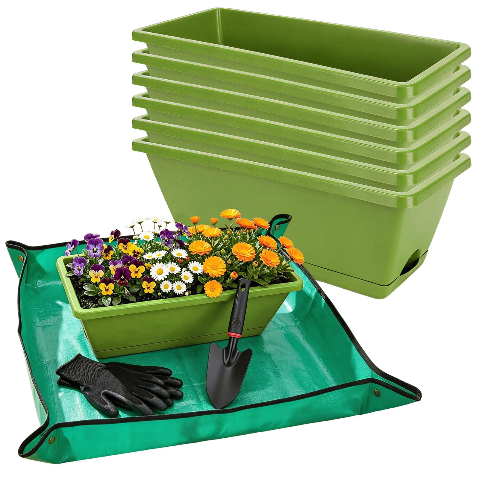 Window Box Planters Light Green 7 Pack 17 Inch Plastic Rectangular For Indoor/Outdoor Plants Herbs Vegetables