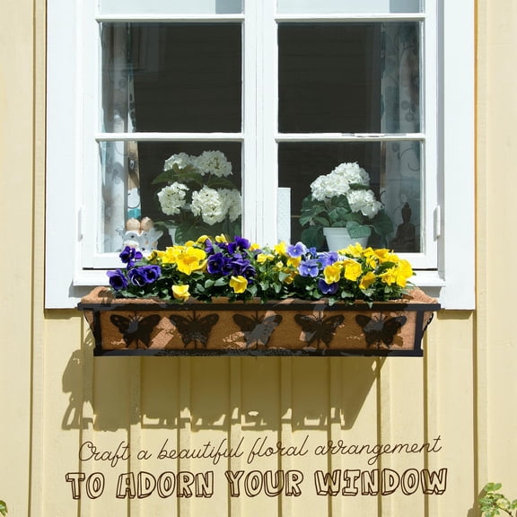 Window Box Railing, 32IN Black Metal Hanging Flower Planter Basket with Coco Liner for Outdoor Balcony Porch Fence for Home, Office and Hotel