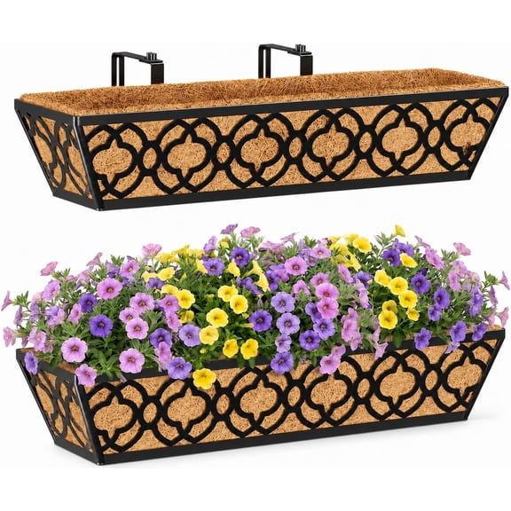 Window Boxes Horse Trough with Coconut Coir Liner, 24 Inch Window Deck with Coco Liner, Fence Metal Hanging Flower Planter Window Basket Deck Railing Planter Boxes (Flower 24in 2P)