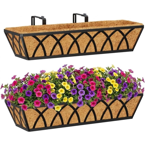 Window Boxes Horse Trough with Coconut Coir Liner, 24 Inch Window Deck with Coco Liner, Fence Metal Hanging Flower Planter Window Basket Deck Railing Planter Boxes (X - 24in 2P)