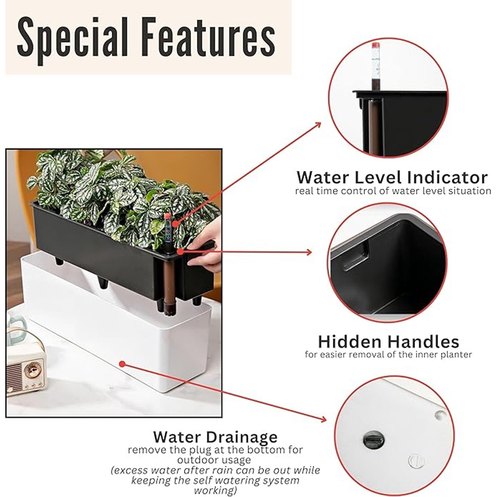 Planter Box for Indoor Plants (17.7 Inch) Plastic White Rectangular Self Watering Flower Pot, Large Window Boxes Planters with Drainage Decorative Modern Balcony Windowsill Herbs Home Garden