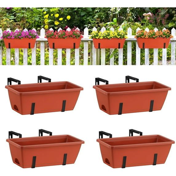 Window Boxes Planters 17’’ Railing Planter Box with Adjustable Brackets, 4 Pack Hanging Deck Railing Planters Rectangular Flower Pots for Outdoor Patio Balcony Fence