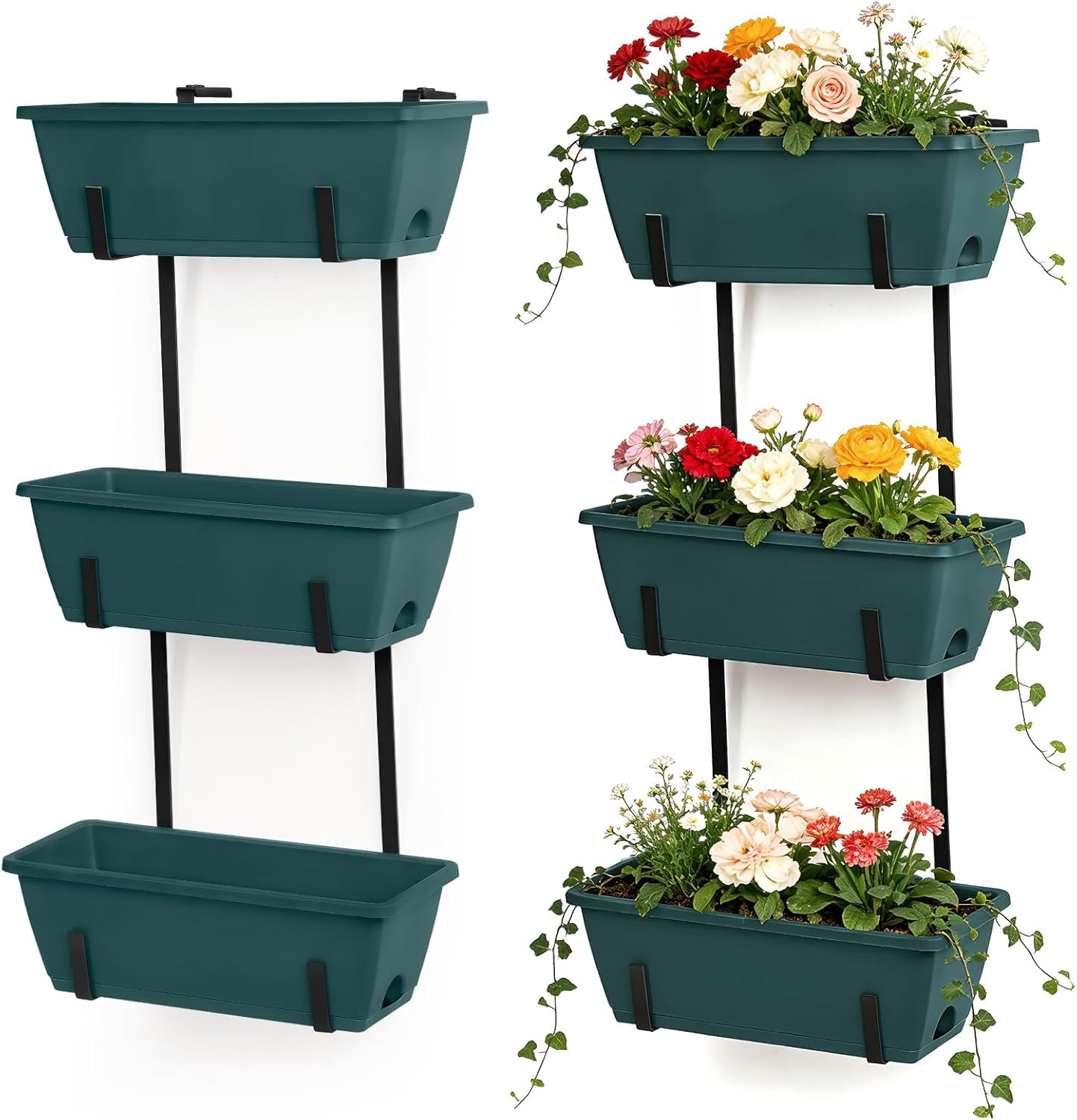 Window Boxes Planters with Adjustable Brackets Set of 2 Outdoor Fence  Planters, Over the Deck Railing Planter Box with 6 Pack Hanging Plastic Flower  Pots, Drainage Holes for Balcony, Patio, Green - Walmart.com
