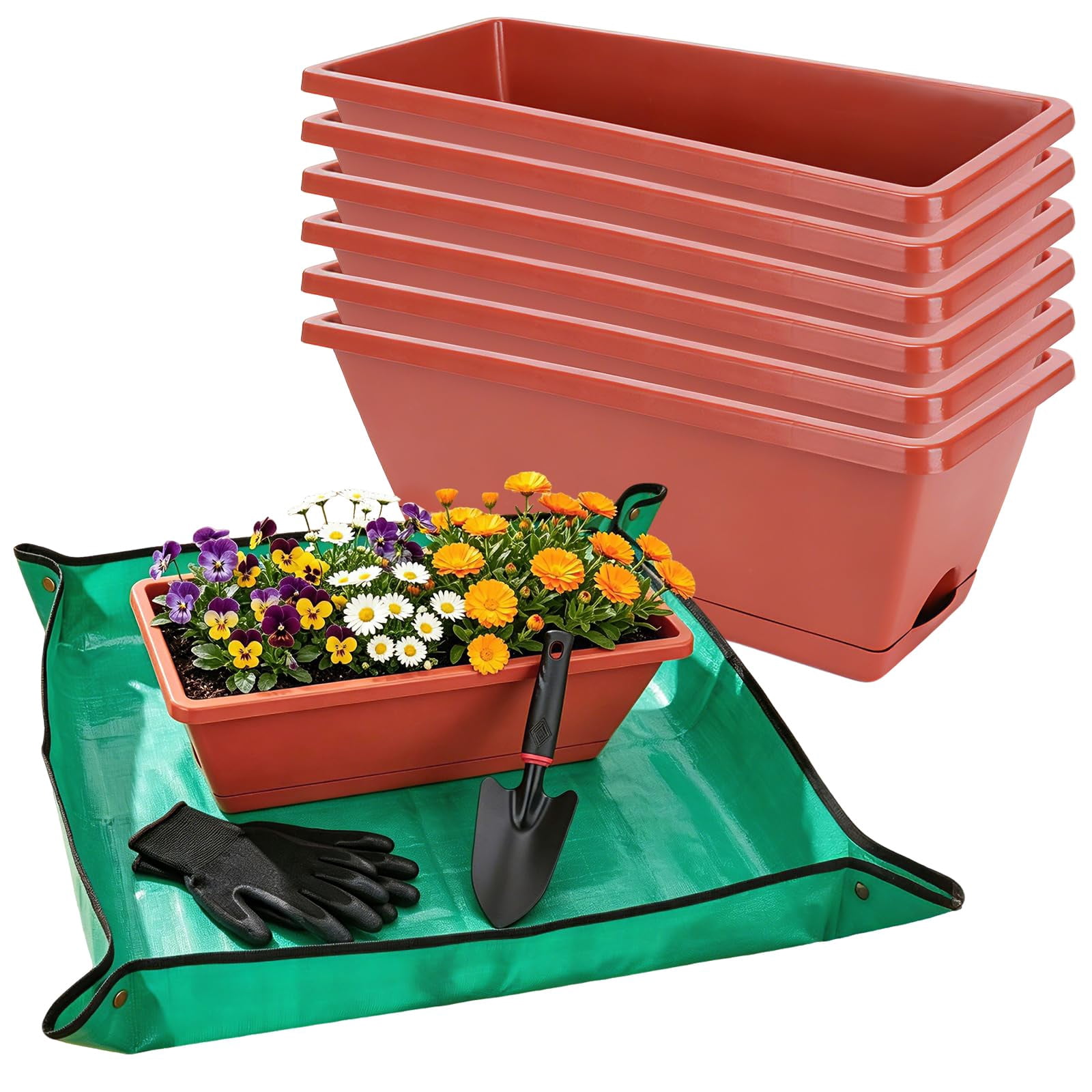 Window Boxes Planters Brick-red 7 Pack 17 Inch Plastic Rectangular Flower Pots for Indoor/Outdoor Plants Herbs Vegetables