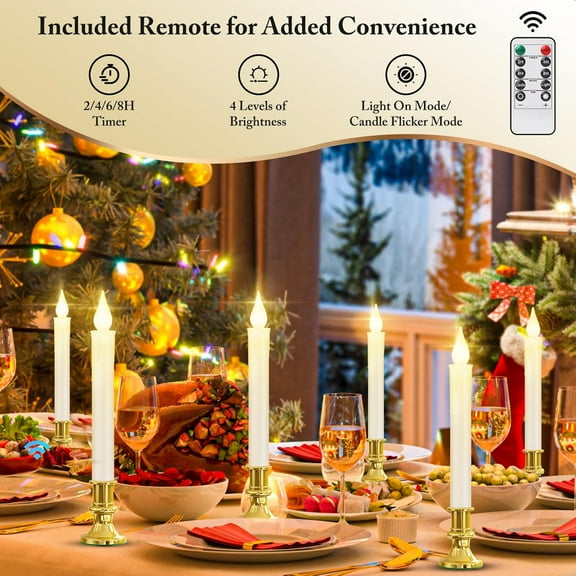 Window Candles Cordless Battery Operated with Timer Remote, 6 Packs Flameless LED Candle Lights with Gold Removable Candlesticks, Gift for Christmas Windows Table Decoration