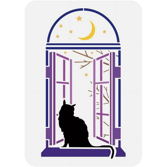 Window Cat Painting Stencil 8.3x11.7inch Plastic Cat Pattern Stencil Moon Stars Stencil Branch Stencil Reusable Animal Theme Template for Painting on Wood Floor Wall Tile Canvas Fabric for DIY