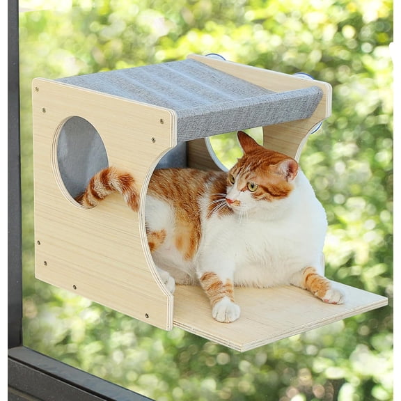 Window Cat Perch Shelves for Inside, Sturdy Wood Climbing Seat Mounted with Heavy Duty Suction Cups, Corner Window Bed for Overlooking and Sleeping(Left)