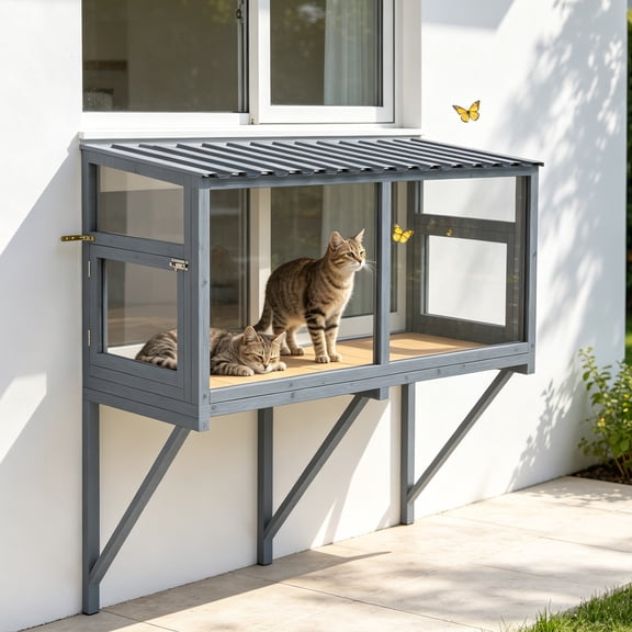Window Catio 44.49" Outdoor Window Cat Enclosure with PET Panel Cat House with Ventilation Wire Mesh Doors Mounted Cat Window Perch