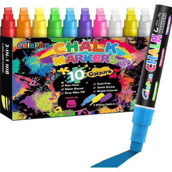Window Chalk Markers for Cars Glass Washable, 10 Colors Jumbo Liquid Chalk Marker Pens with 10mm 3 in 1 Nib Wide Tips, Big Chalkboard Markers Car Window Paint Pens for Auto, Bistro, Mirror, Poster