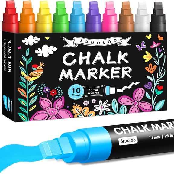 Window Chalk Markers for Glass Washable, 10 Colors Jumbo Liquid Marker with 10mm 3 in 1 Nib Thick Wide Tips, Big Chalkboard Markers, Car Paint Pen Auto, Bistro, Mirror, Poster, Blackboards