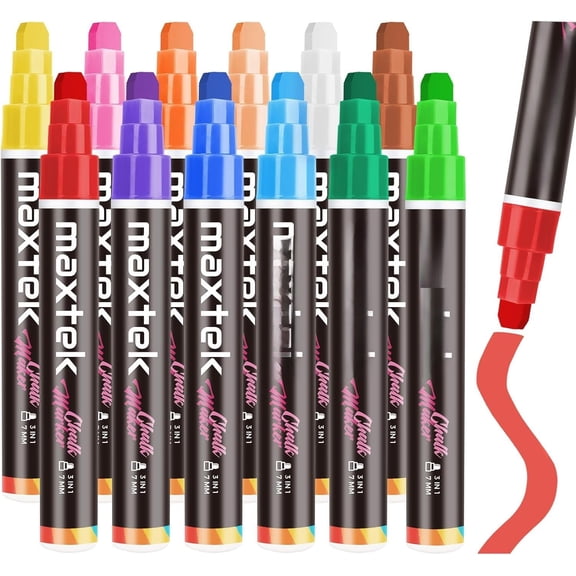 Window Chalk Markers for Glass Washable, 12 Colors Liquid Chalk Marker Pens, 3 in 1 Nib Wide Tip Markers for , Glass, Chalkboard, Mirror, Poster, Blackboard - 7mm