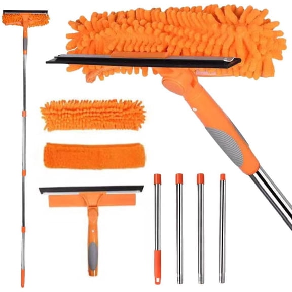 Window  Cleaner Kit - 2-in-1 Rotatable Window Cleaning Tool with Extension Pole, Professional Streak-Free  with Bendable  for Indoor/Outdoor Windows &  Glass (Orange, 38.45FT)