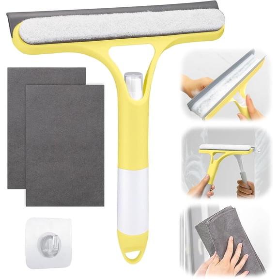 Window Cleaner Tool Kit,2025 3 in 1 Window Cleaning Scraper with Spray,Thickened Magic Cleaning Cloth,Window Scrubber Cleaning Squeegee for Glass,Mirror,Shower Doors,Car Windshields(Yellow)