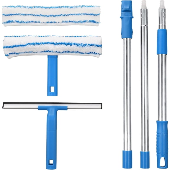 Window Cleaner with Long Handle(57IN), Glass Cleaning Tools Silicone Squeegee & Microfiber Scrubber, Kit for Shower Mirror Door Car