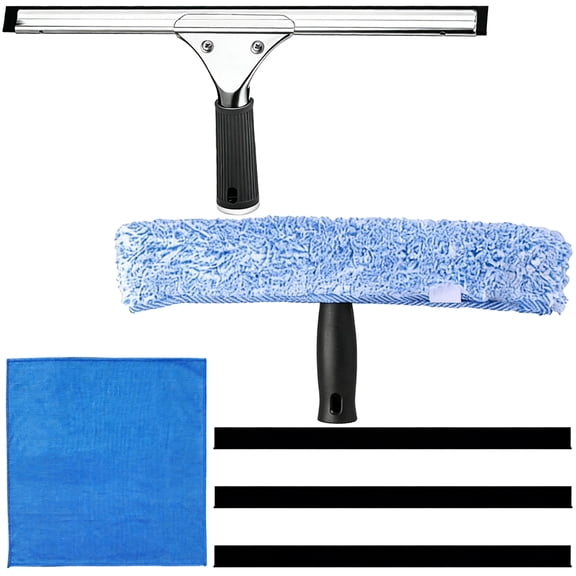 Window Cleaning Equipment Set, 14.6 in Fabric Head Scrubber, 13.8 in Rubber Squeegee, 3 Replacement Strips, Microfiber Cloth, Metal Handle for Home & Business Use