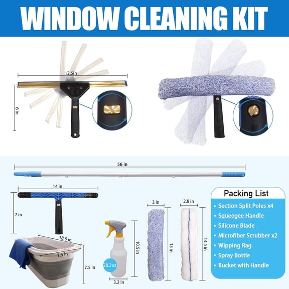 Window Cleaning Kit with Storage Bucket, Window Washing Kit with 4.13Ft Extension Pole, Scrubber, Spray Bottle, Duster Cloth, Squeegee with Rotating Head, Professional Window Cleaning Squeegee Kit
