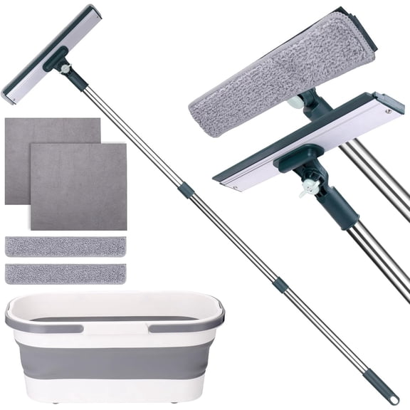 Window Cleaning Kit Tool with Storage Bucket,Window Washing Kit with Extension Pole,Professional Windows Washer Cleaner Squeegee Kits,Commercial&Household Use,Indoor&Outdoor High Windows