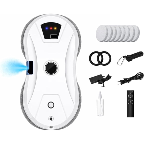 Window Cleaning Robot, Automatic Window Cleaner with Spray, Intelligent Path Planning, Edge Detection, Remote Control and Safety Rope for Glass Doors, Mirrors and High Windows (White)