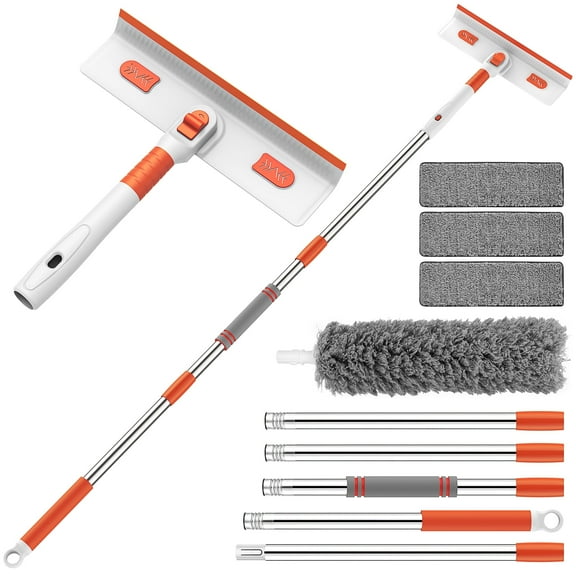 Window Squeegee Cleaner Tool, 4 in 1 Rotatable Window Cleaning Squeegee Kit with Extension Pole and Duster, 67'' Window Washing Kit for Home Mirror Car Glass with 3 Replaceable Cloth Strips(Orange)