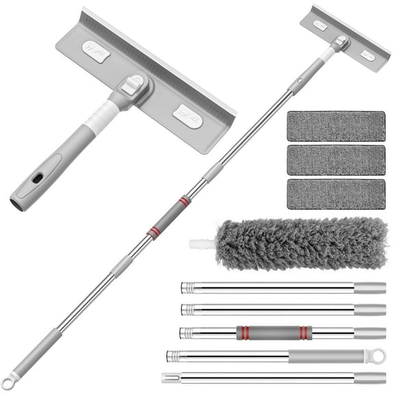 Window Squeegee Cleaner Tool, 4 in 1 Rotatable Window Cleaning Squeegee Kit with Extension Pole and Duster, 67'' Window Washing Kit for Home Mirror Car Glass with 3 Replaceable Cloth Strips(Gray)