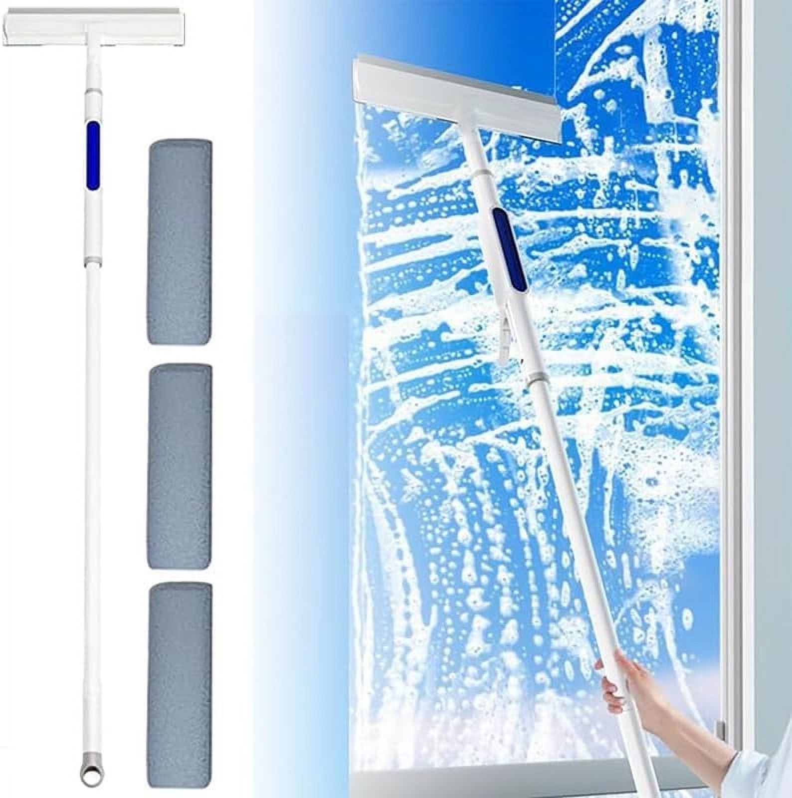 Window Cleaning Squeegee with Spray | Double-Sided Mop | Long Telescopic Handle Extends to 57in | Replaceable Rags | Streak-Free Glass Cleaner for Home Car Shower Mirrors 1 Mop 3 Cloths