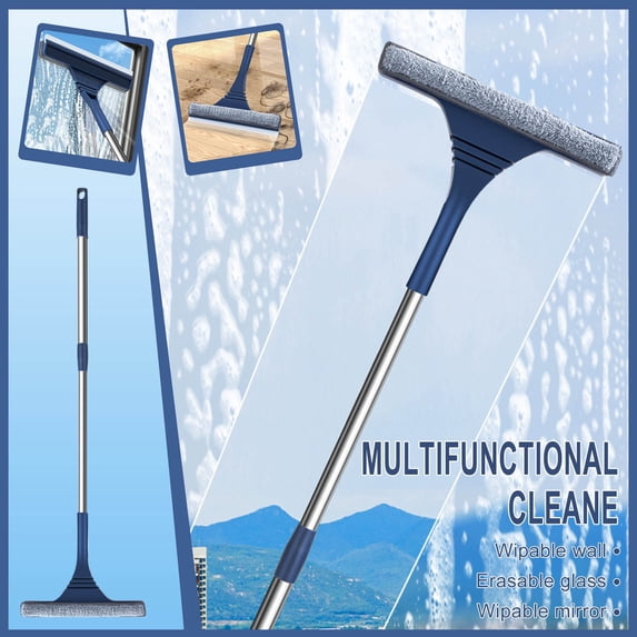 Window Cleaning Tool 26cm Squeegee, Telescopic 102-136cm Pole for High Rise, Wet Dry Dual Use with Flexible Joint, Fiber Cloth Scrubber and Detachable Handheld Design