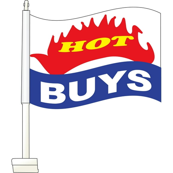 Window Clip On Flag - "Hot Buys" - 14 3/4"W x 11"H - Set of 2- Attention-Catching Car Flags for Dealerships - Clip-On Car Flag for Windows - Durable and Vibrant Window Clip-On Flag for Car Displays