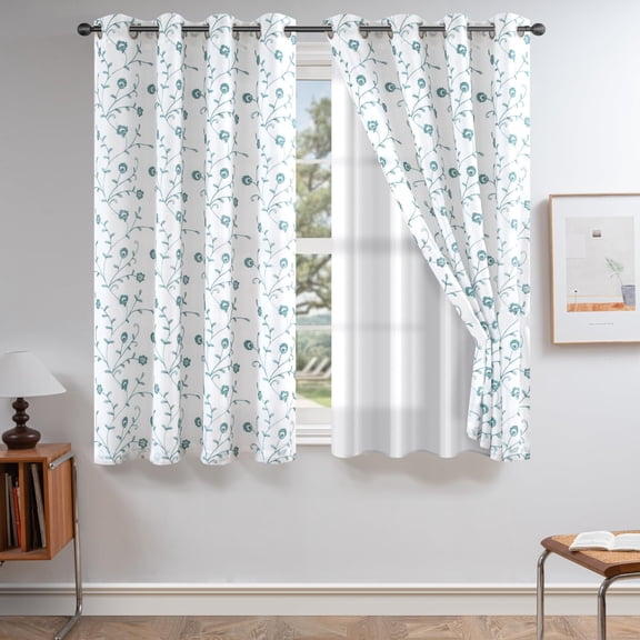 Window Curtain Drapes L.turquoise Floral/White, 55"W x 63"L (Pack of 2)