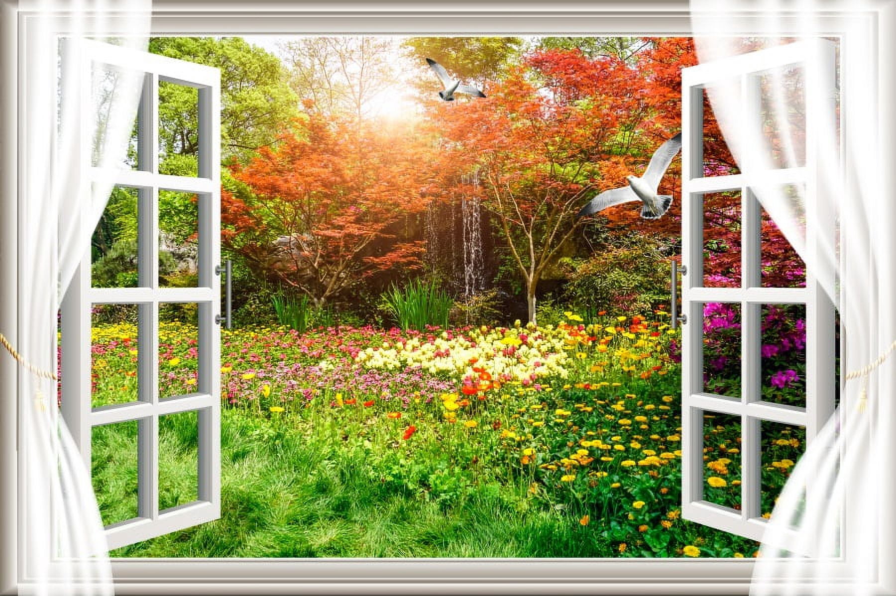 Window Curtain Natural Mountain Hillside Grass Tree Scenic Photo ...