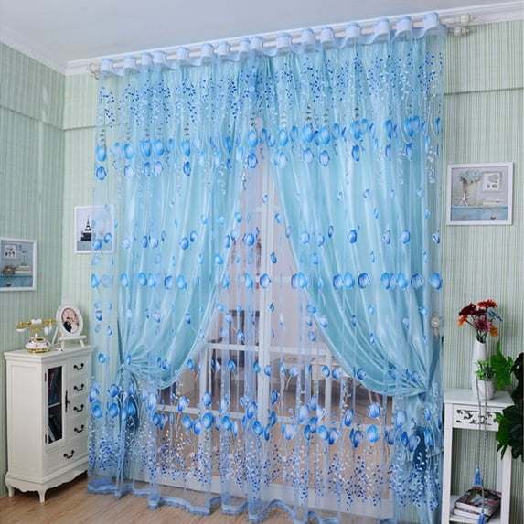Window Curtain Panel, Romantic Tulips Window Voile Curtain Creative Floral Translucent Tulle Door Drape Blue 1x2m