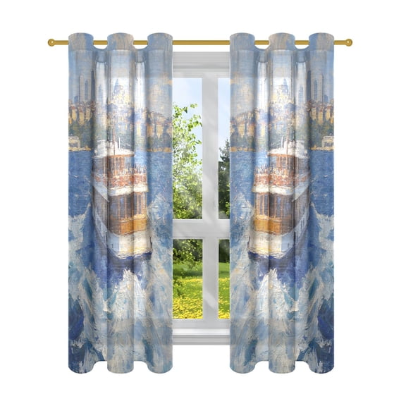 Window Curtain Panels Cotton And Linen Decorative Curtains - Symmetrical Window Shade Ship Leave Port Painting Backdrops for Home Office Sunroom Country House