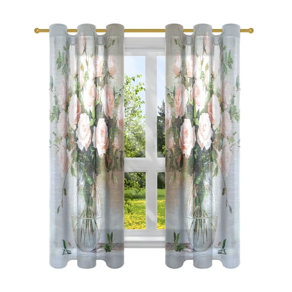 Window Curtain Panels Cotton And Linen Decorative Curtains - Symmetrical Window Shade Blush Roses Backdrops for Home Office Sunroom Country House